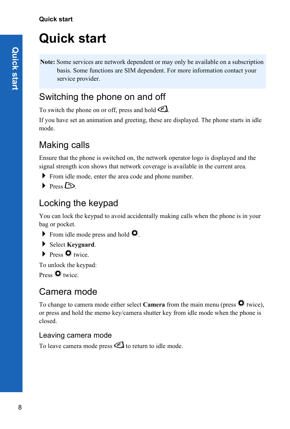 Quick start, Switching the phone on and off, Making calls | Locking the keypad, Camera mode | Panasonic P342i User Manual | Page 7 / 128