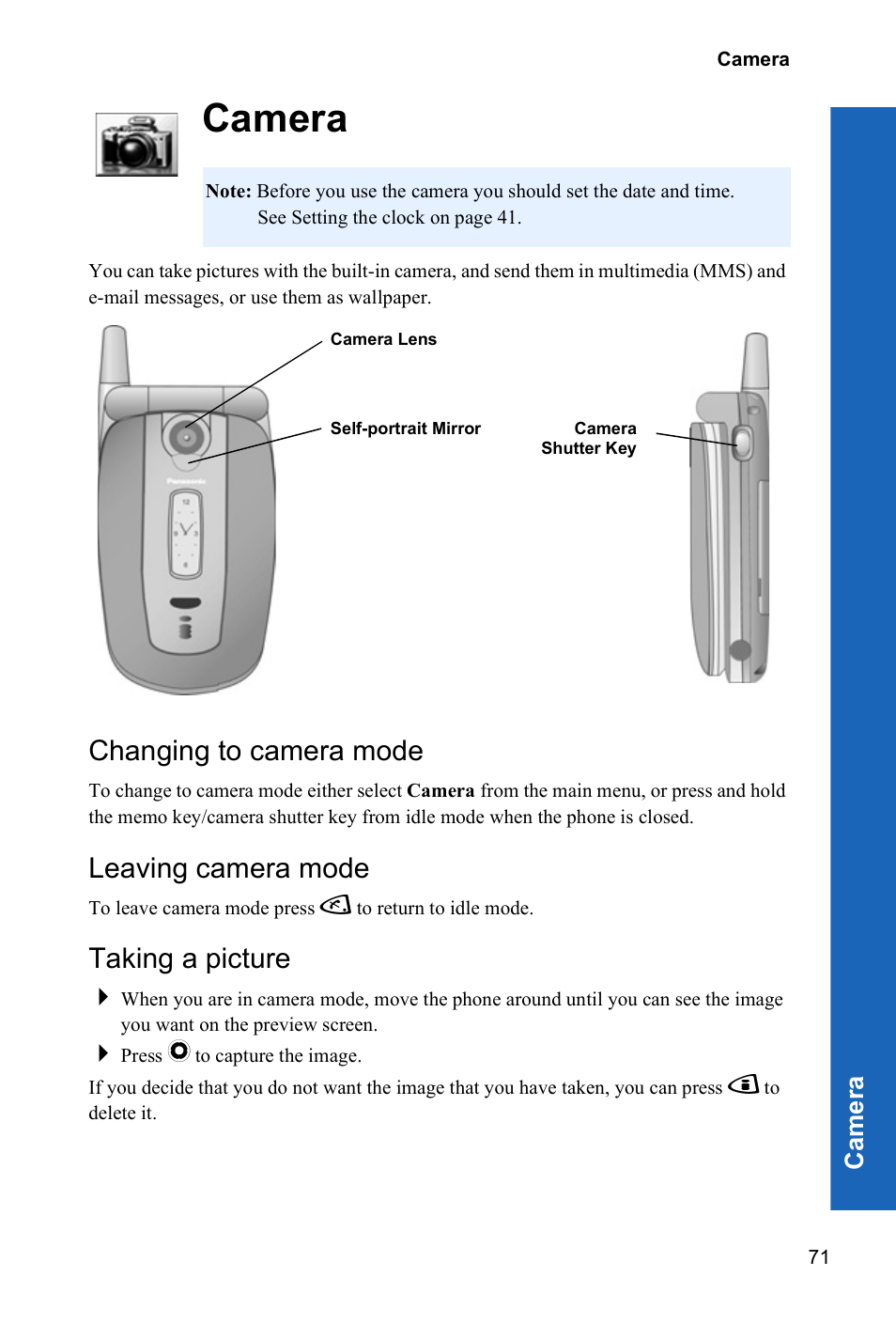 Camera, Changing to camera mode, Leaving camera mode | Taking a picture, Ca m e ra | Panasonic P342i User Manual | Page 70 / 128