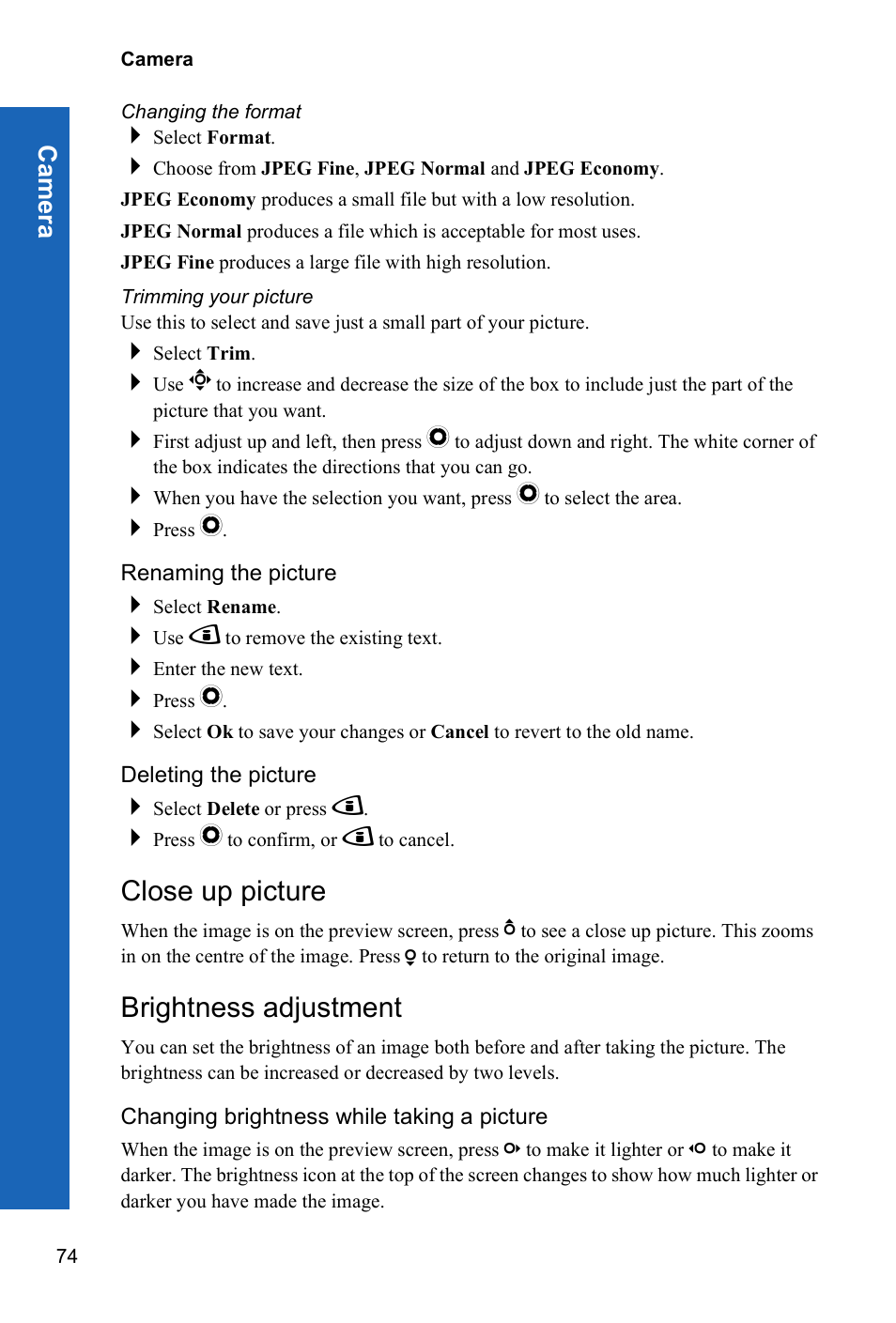 Close up picture, Brightness adjustment | Panasonic P342i User Manual | Page 73 / 128