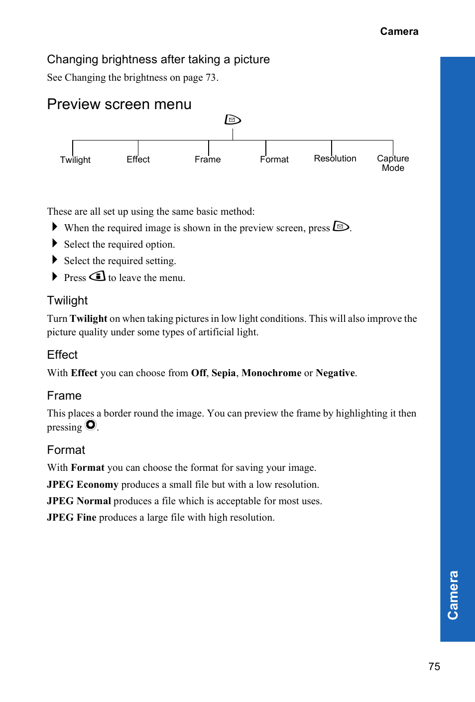 Preview screen menu, Ca m e ra | Panasonic P342i User Manual | Page 74 / 128
