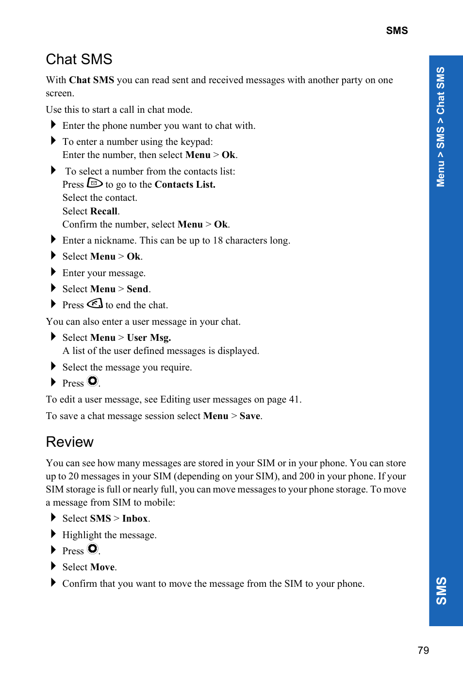 Chat sms, Review | Panasonic P342i User Manual | Page 78 / 128