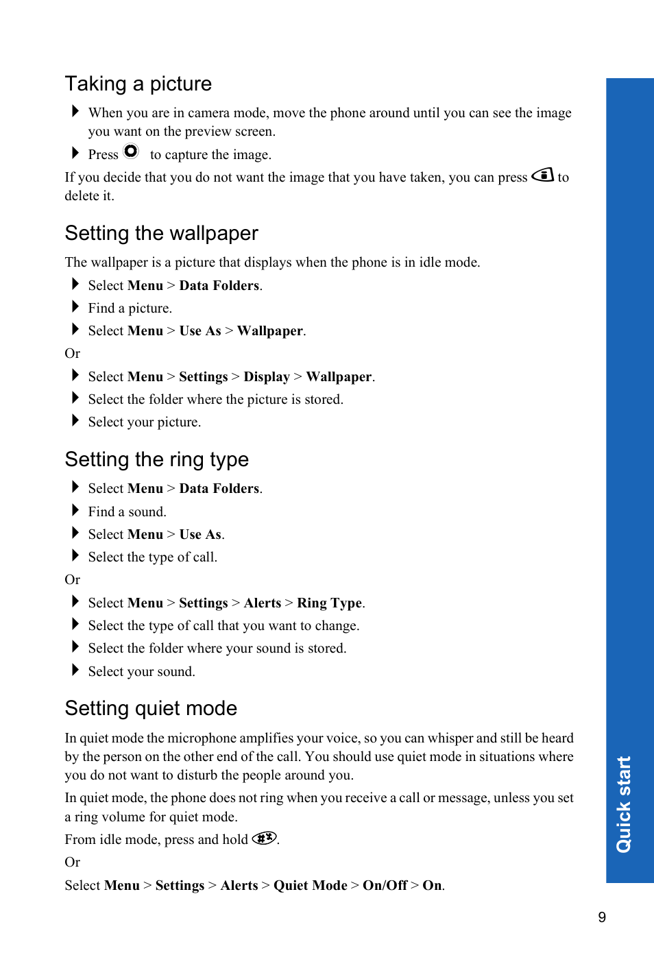 Taking a picture, Setting the wallpaper, Setting the ring type | Setting quiet mode | Panasonic P342i User Manual | Page 8 / 128