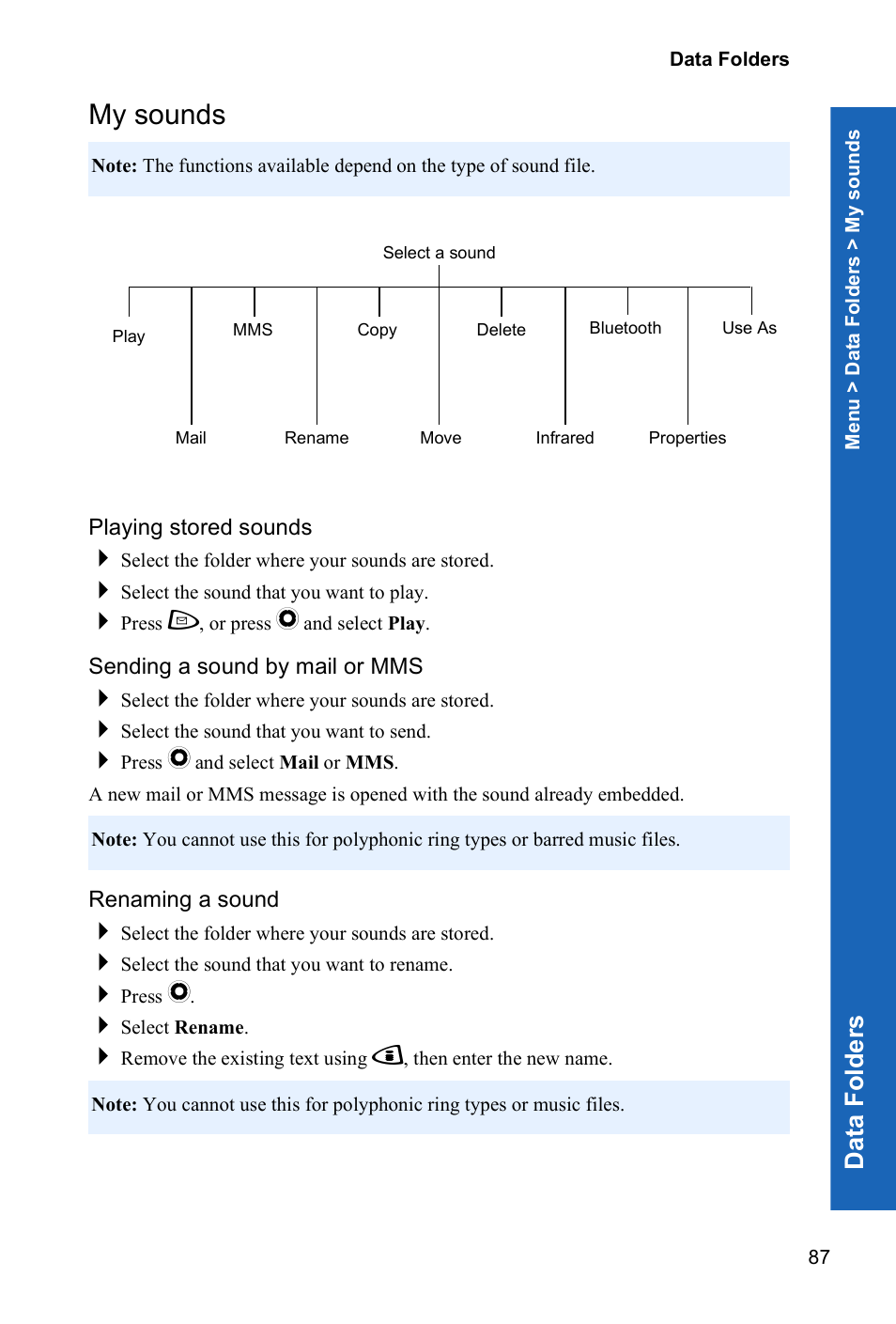 My sounds, Dat a fo lders | Panasonic P342i User Manual | Page 86 / 128