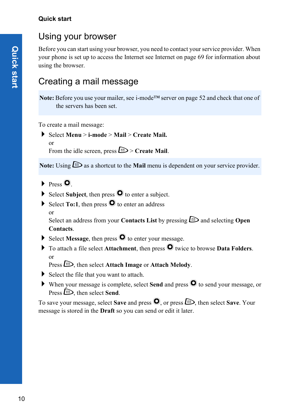 Using your browser, Creating a mail message | Panasonic P342i User Manual | Page 9 / 128