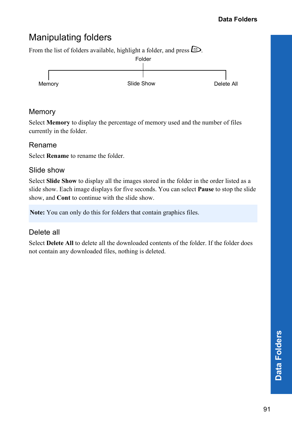 Manipulating folders, Dat a fo lders | Panasonic P342i User Manual | Page 90 / 128