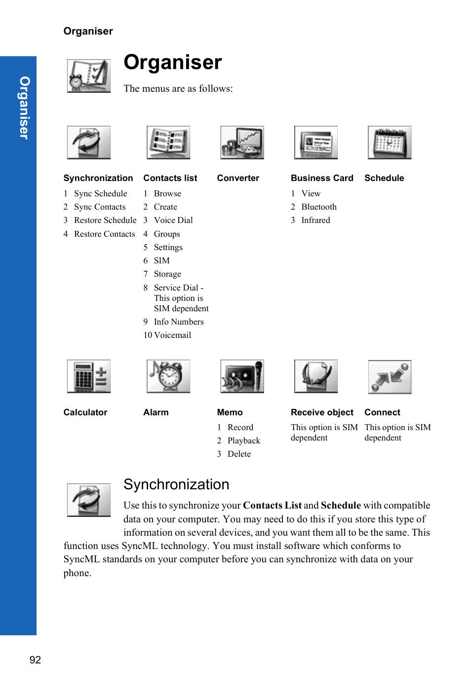 Organiser, Synchronization | Panasonic P342i User Manual | Page 91 / 128