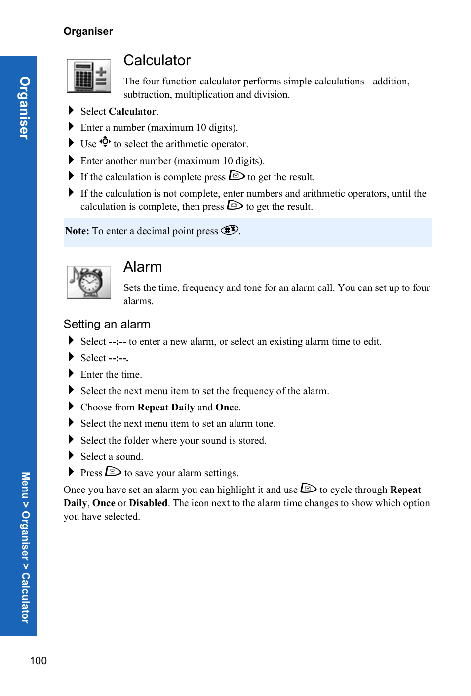 Calculator, Alarm | Panasonic P342i User Manual | Page 99 / 128