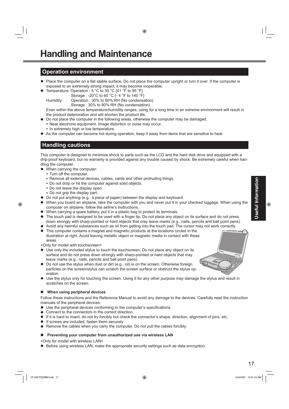 Handling and maintenance, Operation environment, Handling cautions | Panasonic CF-30 User Manual | Page 17 / 40