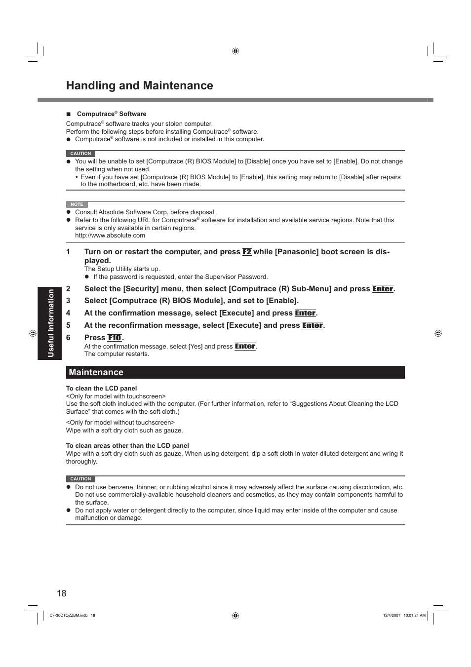 Handling and maintenance, Maintenance | Panasonic CF-30 User Manual | Page 18 / 40