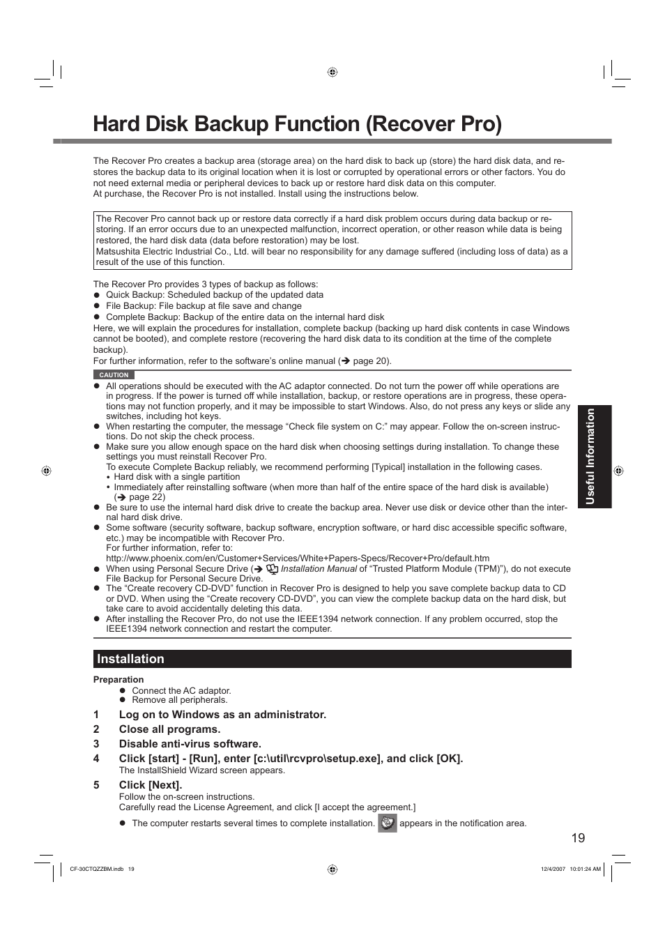 Hard disk backup function (recover pro), Installation | Panasonic CF-30 User Manual | Page 19 / 40