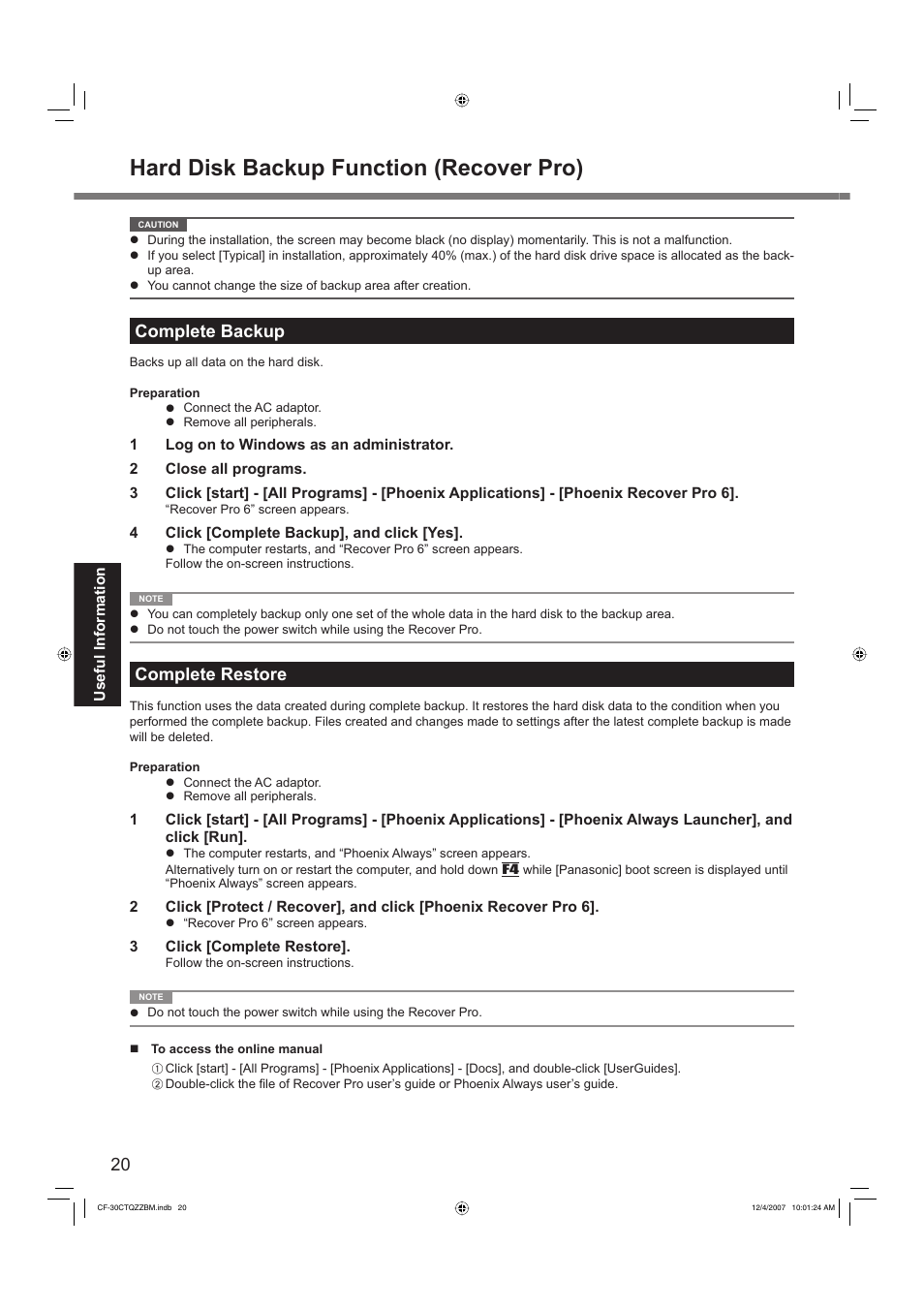 Hard disk backup function (recover pro), Complete backup, Complete restore | Panasonic CF-30 User Manual | Page 20 / 40