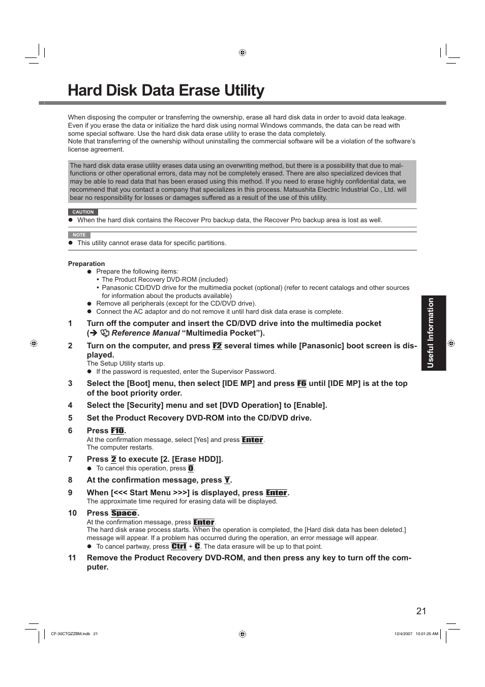 Hard disk data erase utility | Panasonic CF-30 User Manual | Page 21 / 40