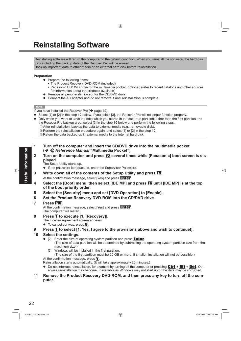 Reinstalling software | Panasonic CF-30 User Manual | Page 22 / 40