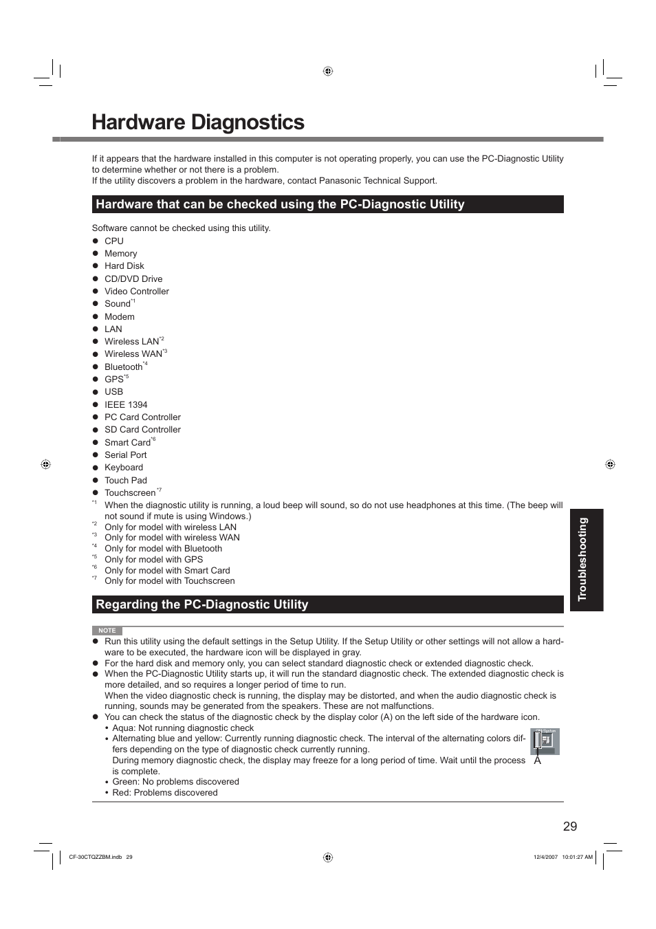 Hardware diagnostics, Regarding the pc-diagnostic utility | Panasonic CF-30 User Manual | Page 29 / 40