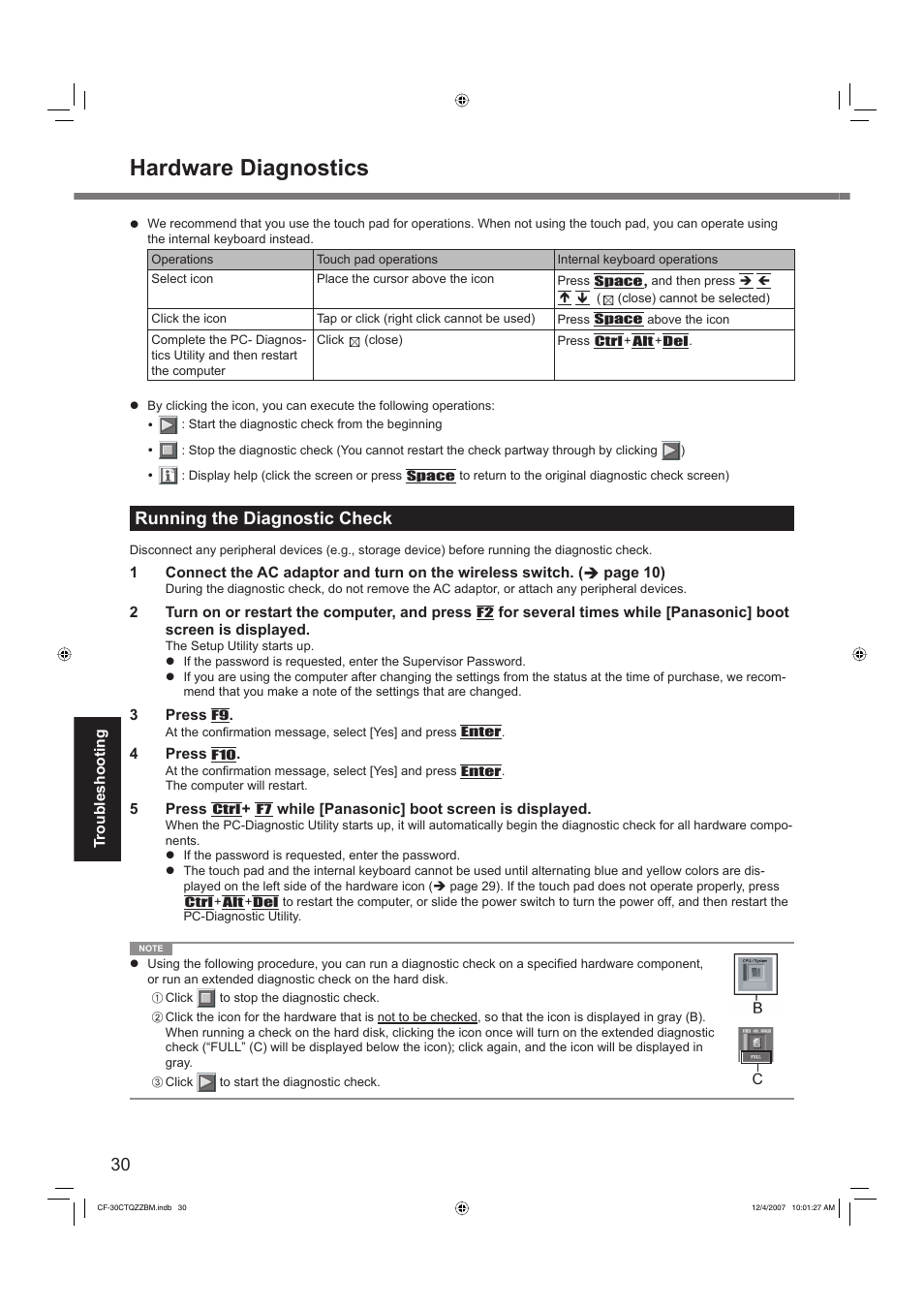 Hardware diagnostics, Running the diagnostic check | Panasonic CF-30 User Manual | Page 30 / 40