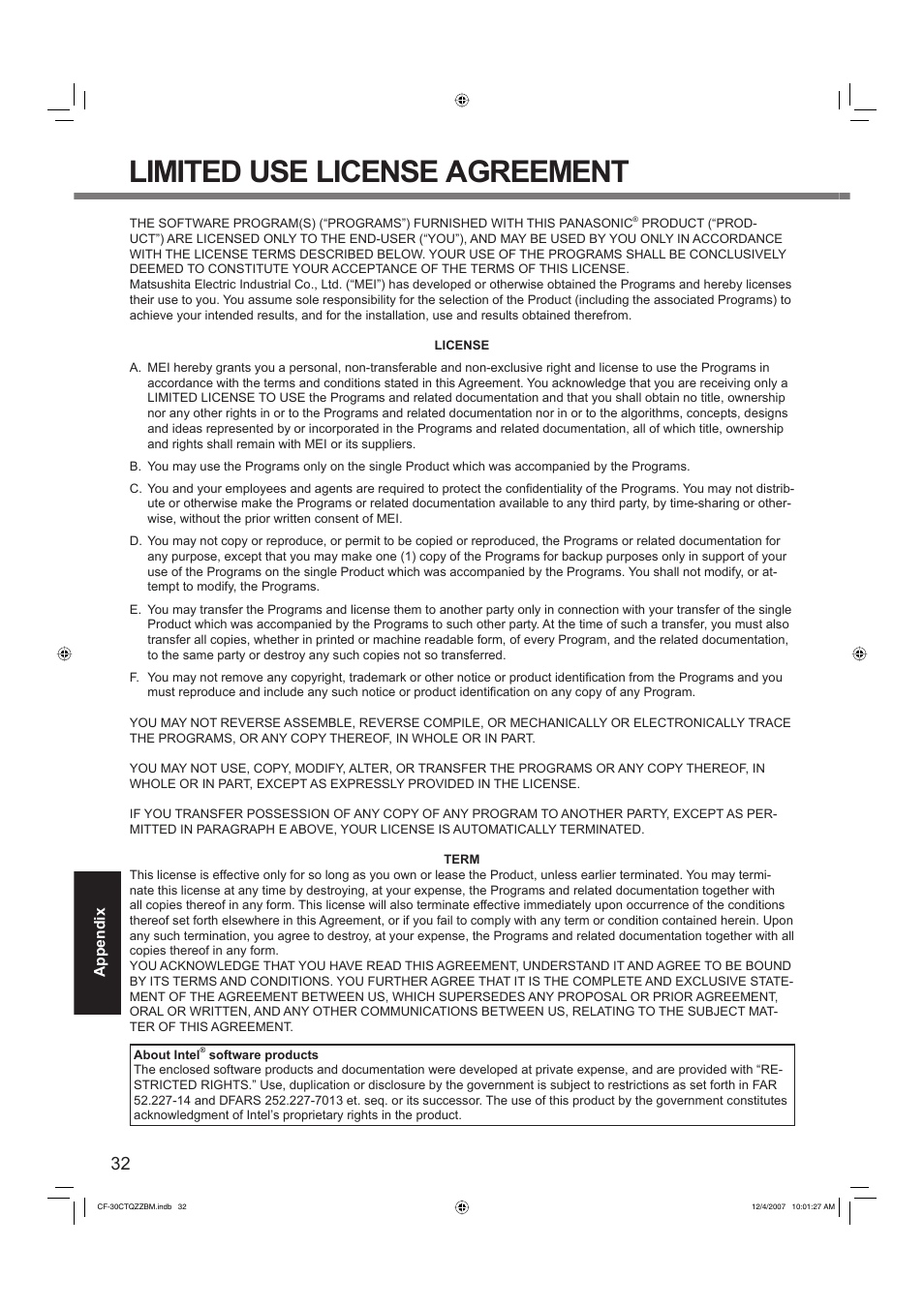 Limited use license agreement | Panasonic CF-30 User Manual | Page 32 / 40