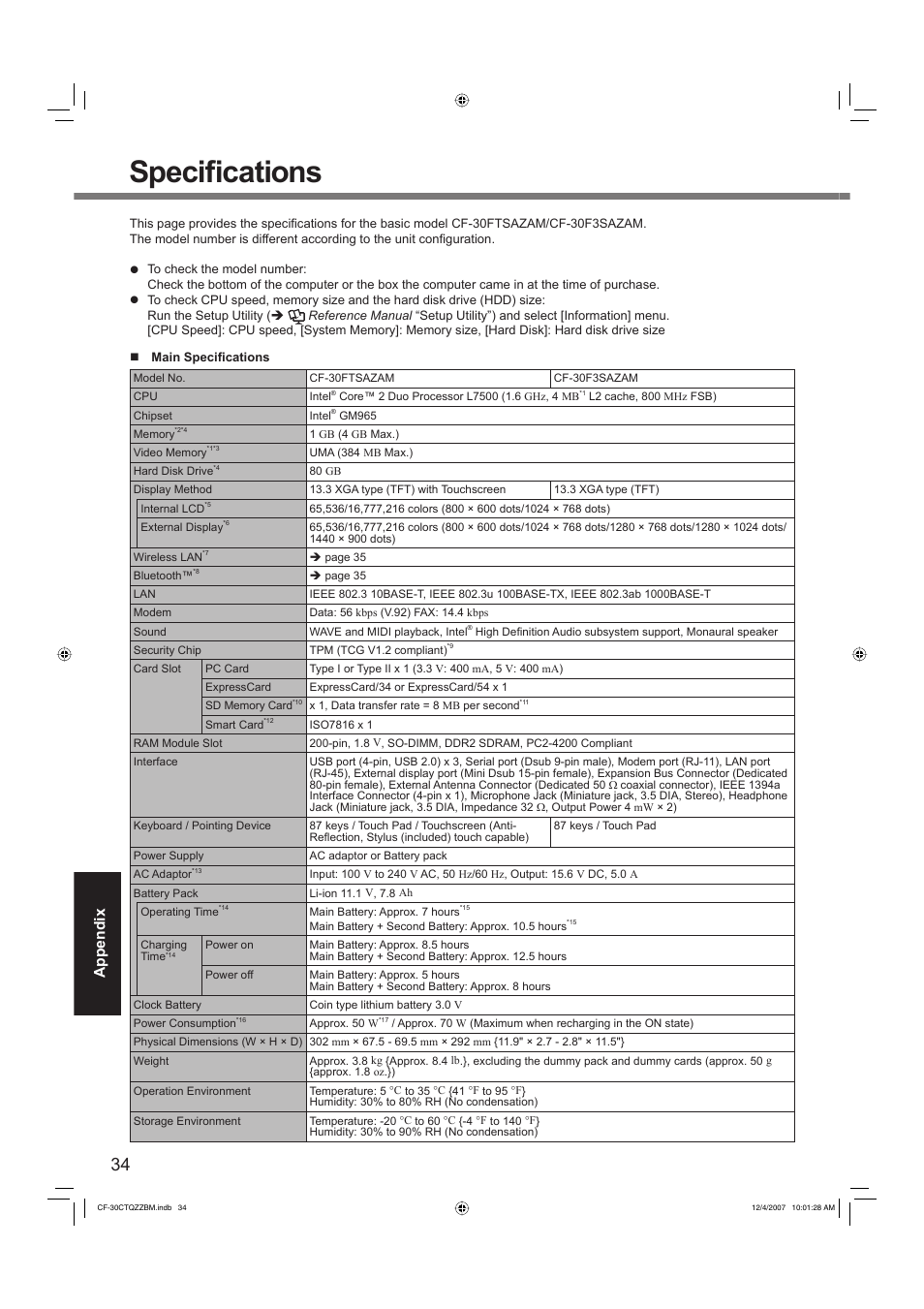 Specifi cations, Appendix | Panasonic CF-30 User Manual | Page 34 / 40