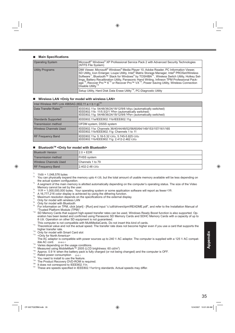 Appendix, Main specifi cations, Wireless lan <only for model with wireless lan | Bluetooth, Only for model with bluetooth | Panasonic CF-30 User Manual | Page 35 / 40