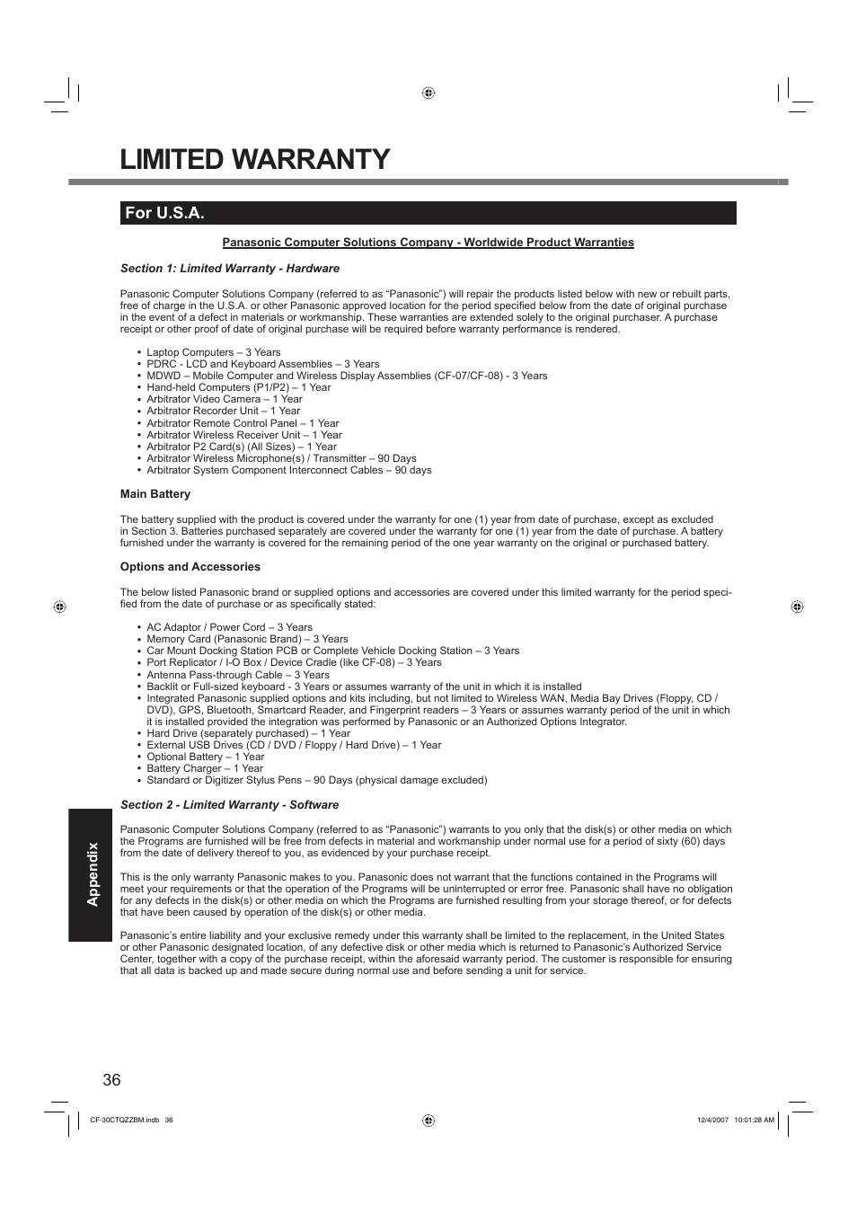 Limited warranty, For u.s.a | Panasonic CF-30 User Manual | Page 36 / 40