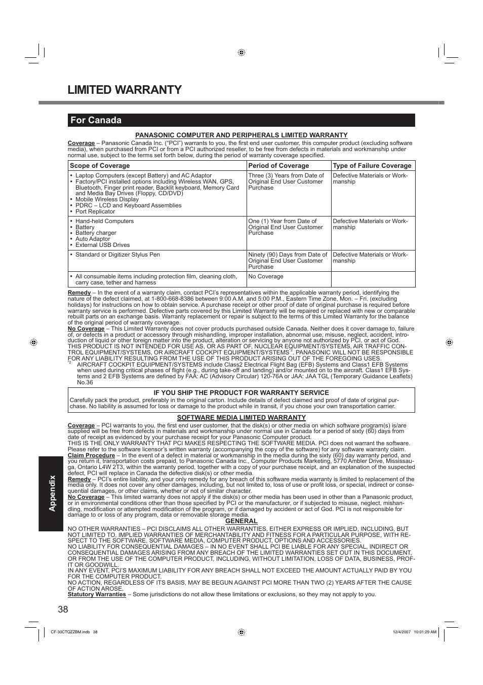 Limited warranty, For canada, Appendix | Panasonic CF-30 User Manual | Page 38 / 40