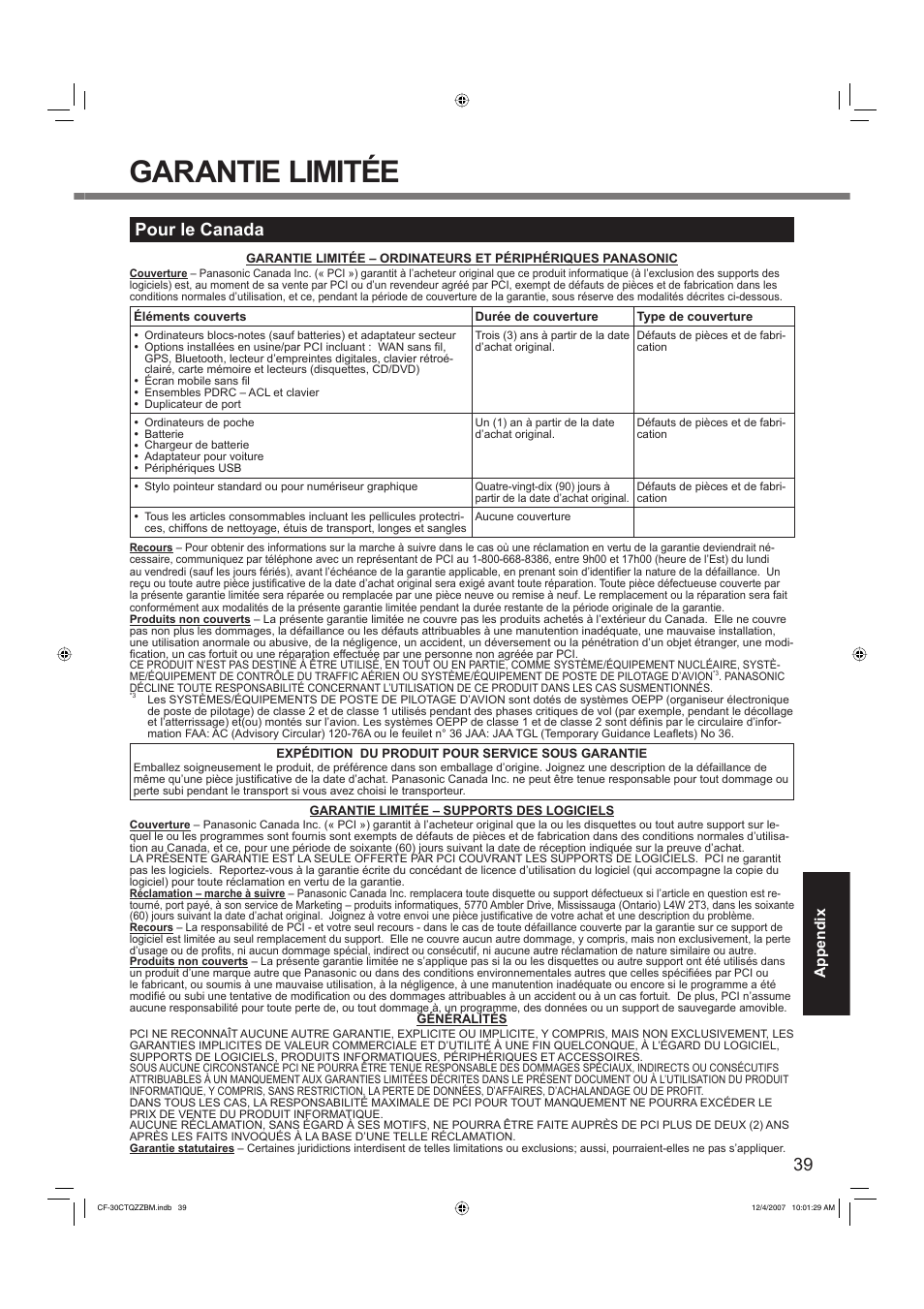 Garantie limitée, Pour le canada, Appendix | Panasonic CF-30 User Manual | Page 39 / 40