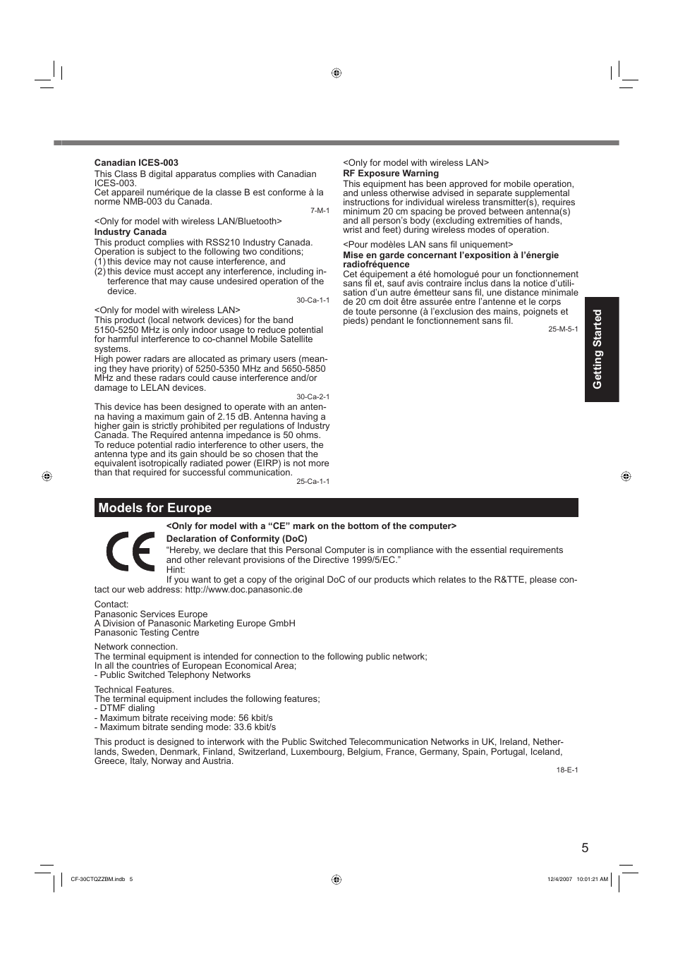 Models for europe | Panasonic CF-30 User Manual | Page 5 / 40