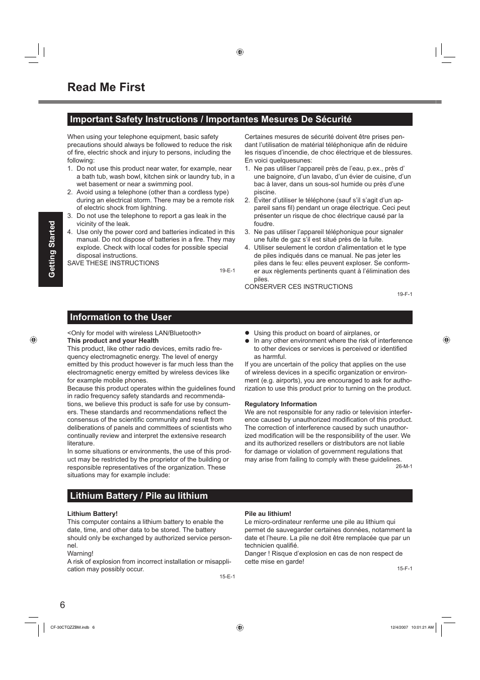 Read me first, Information to the user, Lithium battery / pile au lithium | Panasonic CF-30 User Manual | Page 6 / 40