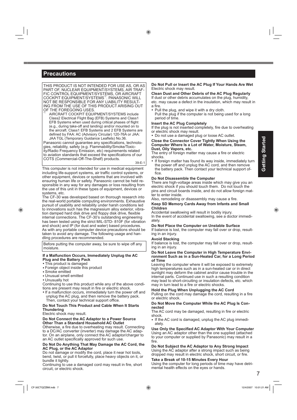 Precautions | Panasonic CF-30 User Manual | Page 7 / 40