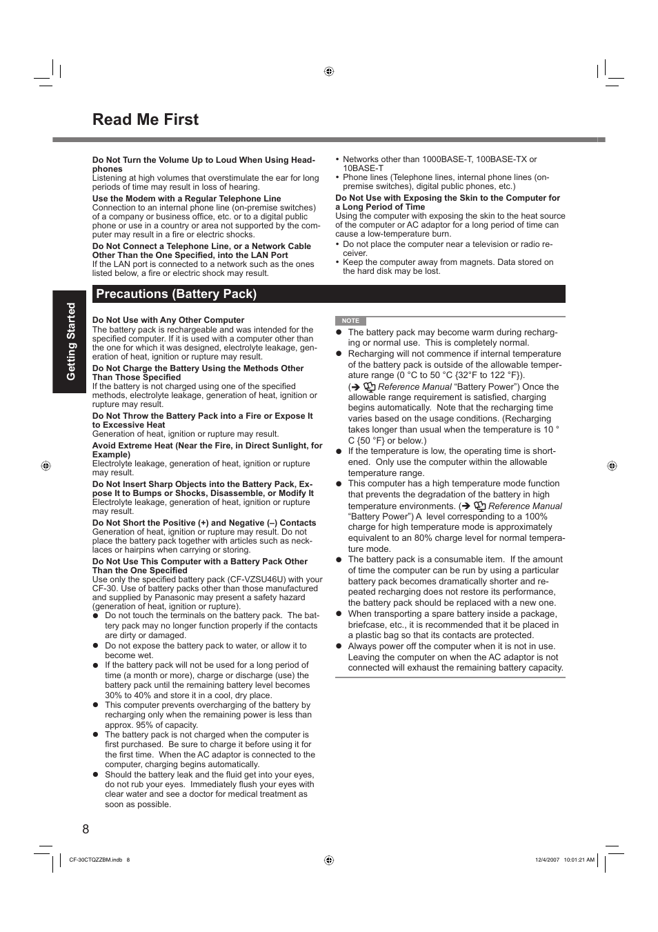 Read me first, Precautions (battery pack) | Panasonic CF-30 User Manual | Page 8 / 40