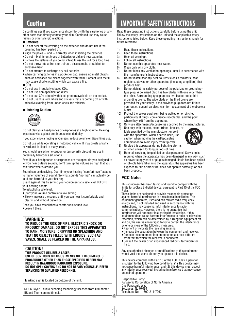 Important safety instructions, Caution, Warning | Panasonic SL-SX470 User Manual | Page 2 / 6