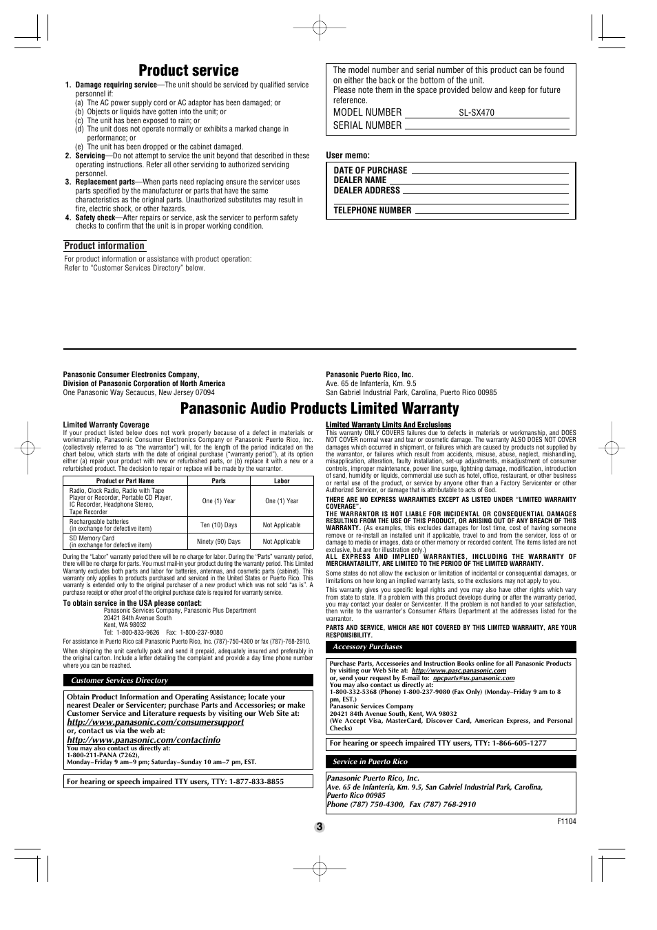 Product service, Panasonic audio products limited warranty | Panasonic SL-SX470 User Manual | Page 3 / 6