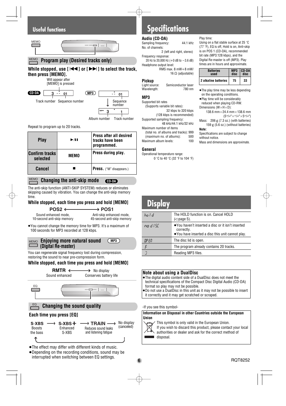 Specifications, Display, Useful functions | Program play (desired tracks only), Changing the sound quality, Confirm tracks selected, Cancel, Pos1 pos2, Play, Train each time you press [eq | Panasonic SL-SX470 User Manual | Page 6 / 6