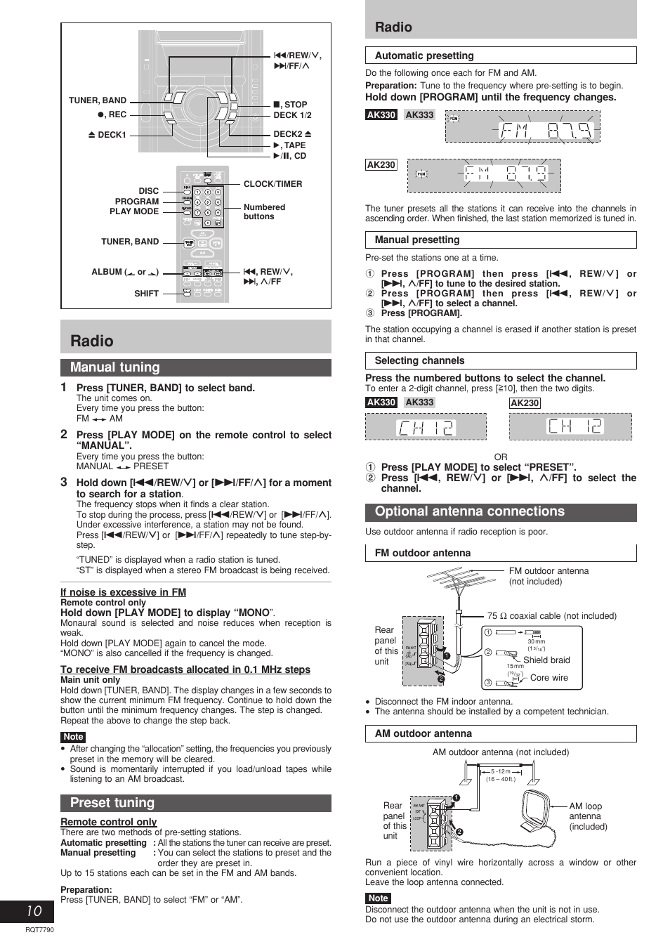 Radio, Manual tuning, Radio optional antenna connections | Preset tuning | Panasonic SC-AK330 User Manual | Page 10 / 16