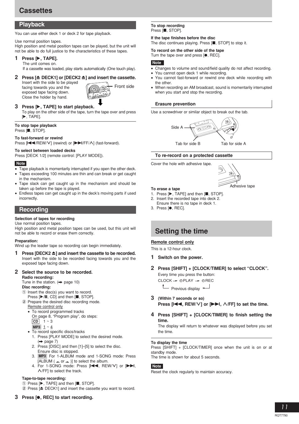 Cassettes, Setting the time, Playback recording | Panasonic SC-AK330 User Manual | Page 11 / 16