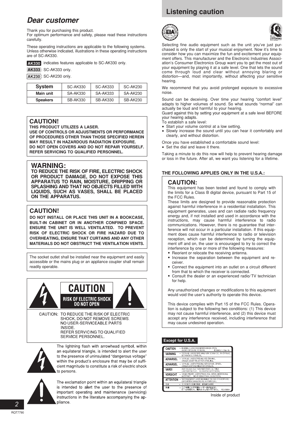 Listening caution, Dear customer, Warning | Caution | Panasonic SC-AK330 User Manual | Page 2 / 16