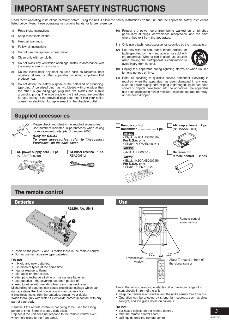 Important safety instructions, Supplied accessories, The remote control | Batteries | Panasonic SC-AK330 User Manual | Page 3 / 16