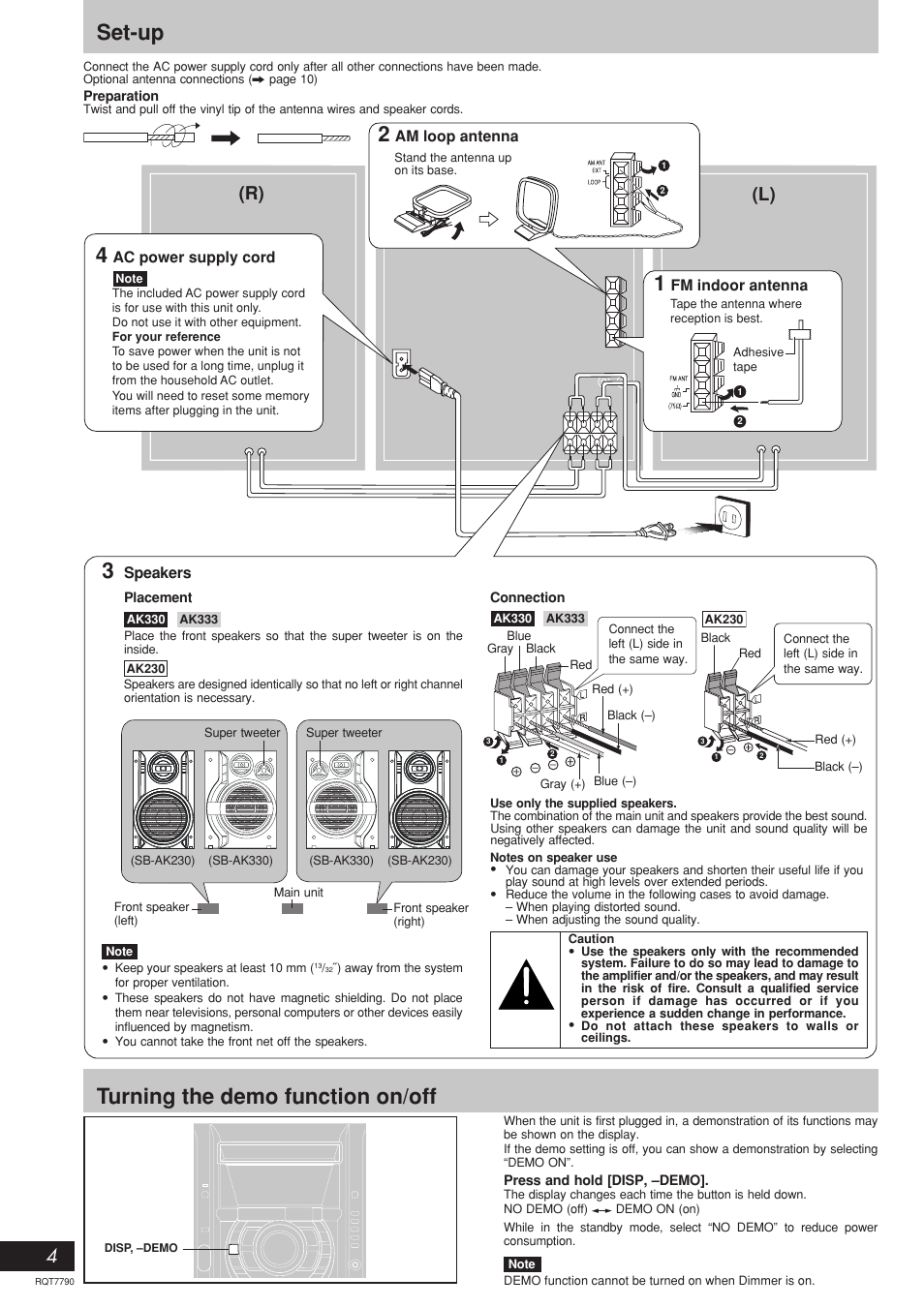 Set-up, Turning the demo function on/off, 4(r) (l) | Panasonic SC-AK330 User Manual | Page 4 / 16