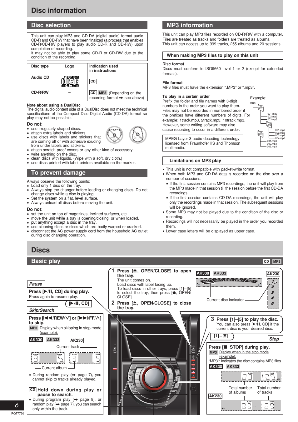 Disc information, Discs, Basic play | Disc selection, Mp3 information | Panasonic SC-AK330 User Manual | Page 6 / 16