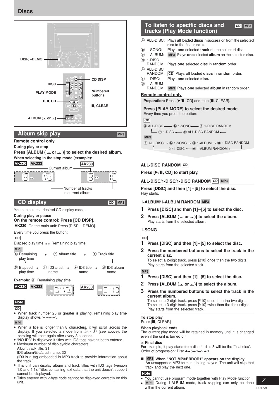 Album skip play, Cd display, To listen to specific discs and tracks | Discs to listen to specific discs and, Tracks (play mode function) | Panasonic SC-AK330 User Manual | Page 7 / 16