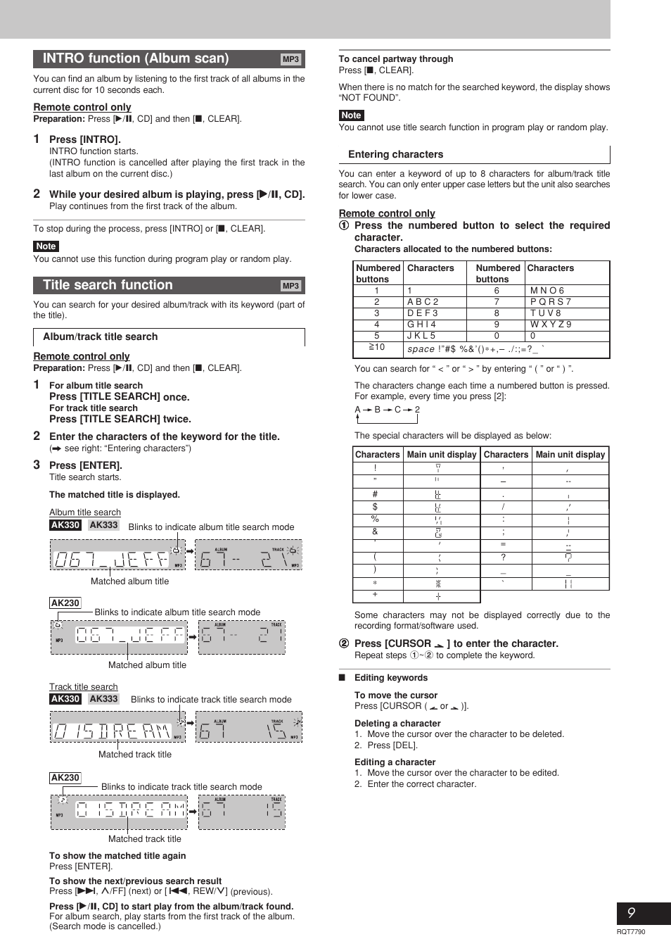 Intro function (album scan), Title search function | Panasonic SC-AK330 User Manual | Page 9 / 16