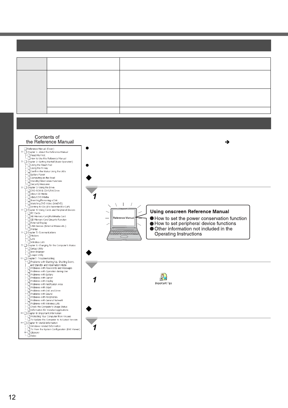 How to use this manual, Manual types and contents, How to use the onscreen manual | Panasonic CF-W2 User Manual | Page 12 / 76