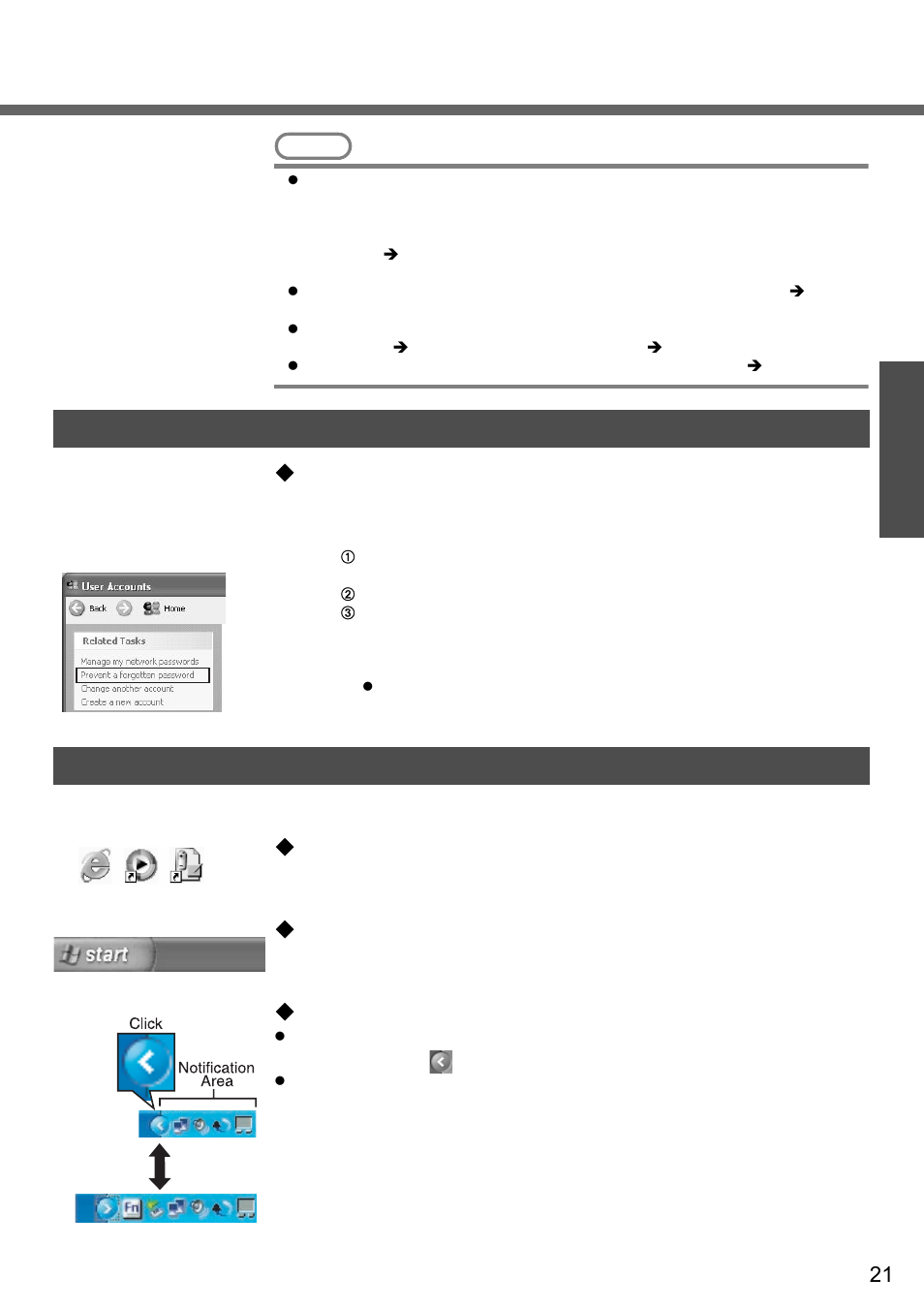 Password reset function screen display, When you have forgotten a windows log-on password, Icons on the desktop | Start] menu | Panasonic CF-W2 User Manual | Page 21 / 76