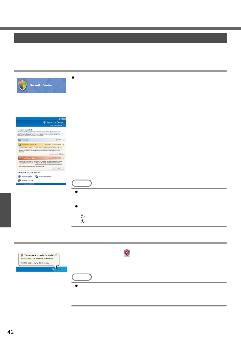 Windows/antivirus protection, Security center/antivirus protection, Windows security center | Panasonic CF-W2 User Manual | Page 42 / 76