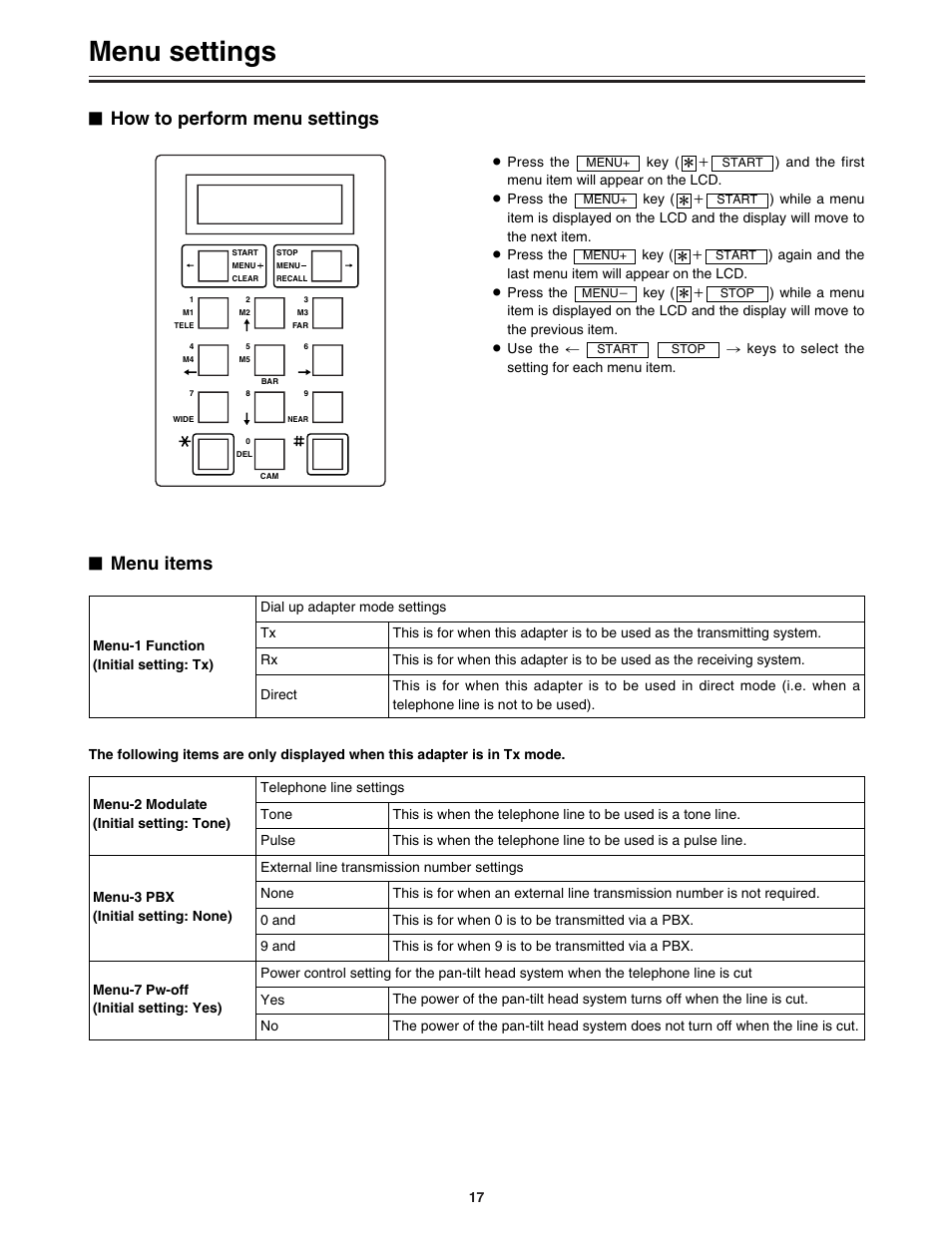 Menu settings, How to perform menu settings $ menu items | Panasonic AW-DU600P User Manual | Page 17 / 24
