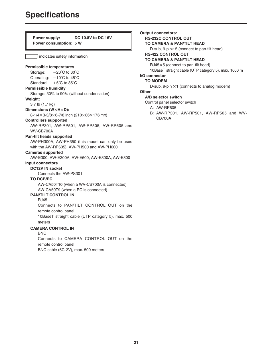 Specifications | Panasonic AW-DU600P User Manual | Page 21 / 24