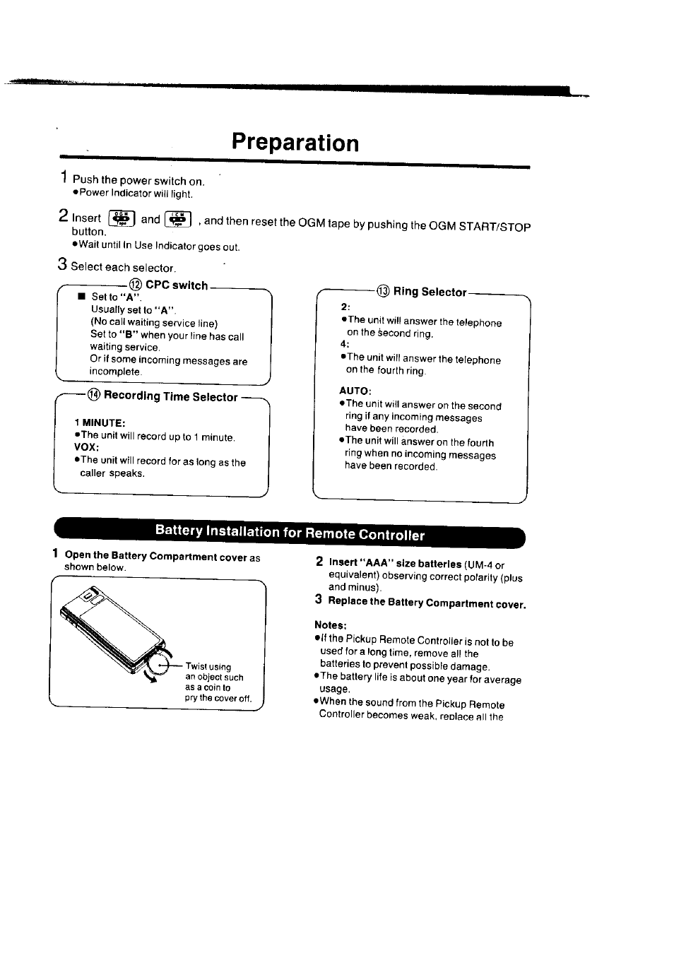 1 push the power switch on, Battery installation for remote controller, Preparation | Panasonic KXT1418 User Manual | Page 3 / 9