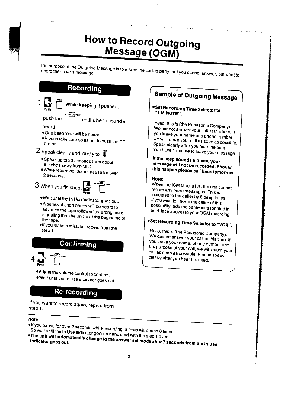 Recording, Confirming, Re-recording | Sample of outgoing message, How to record outgoing message (ogm) | Panasonic KXT1418 User Manual | Page 4 / 9