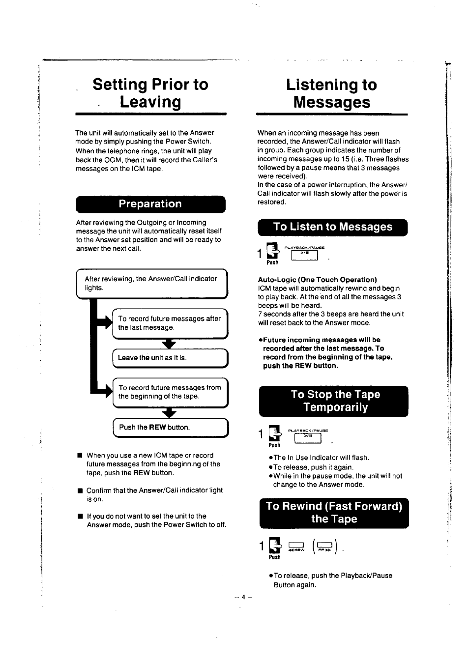 Preparation, To listen to messages, To stop the tape temporarily | To rewind (fast forward) the tape, Setting prior to leaving, Listening to messages | Panasonic KXT1418 User Manual | Page 5 / 9