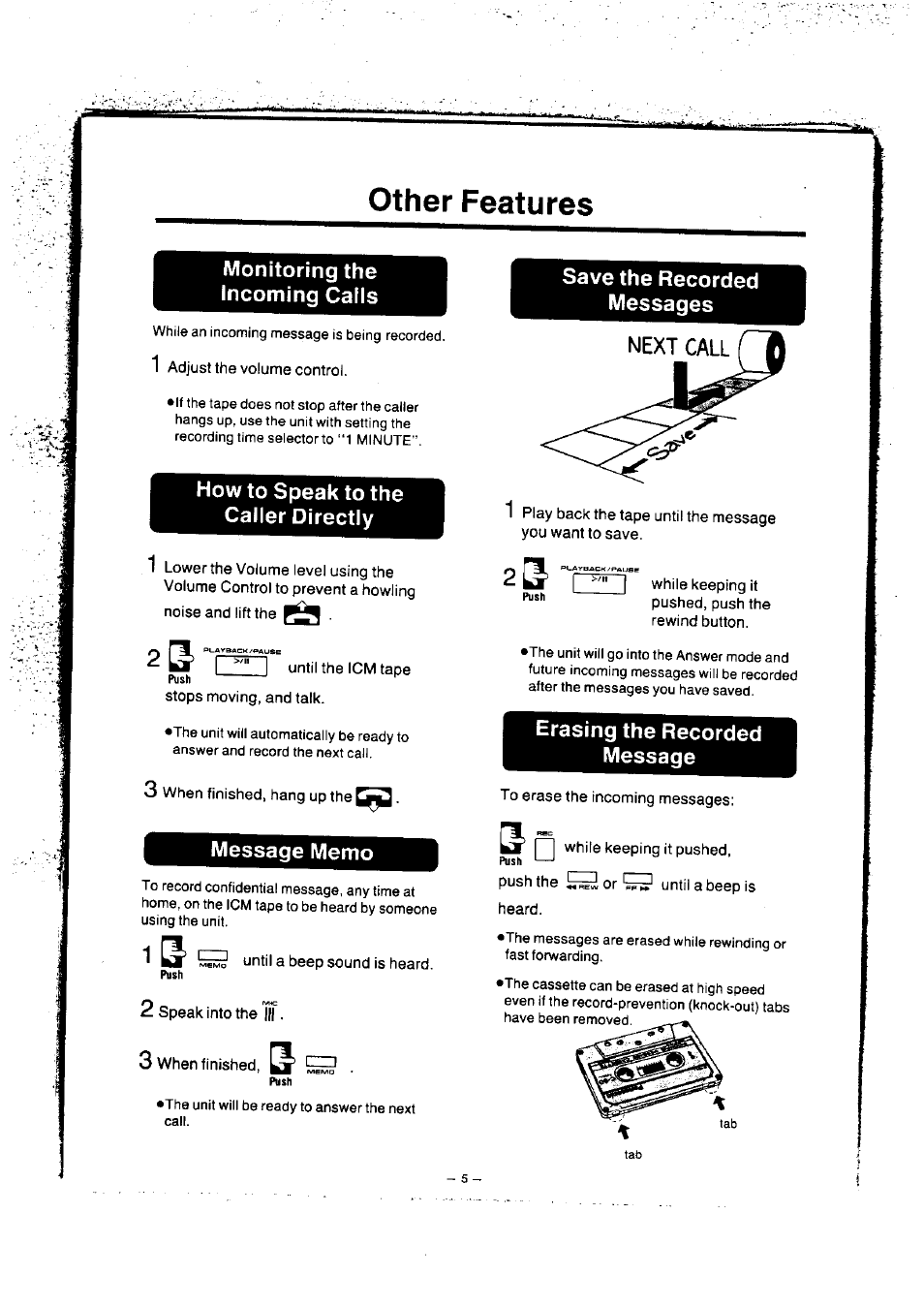 Monitoring the incoming calls, How to speak to the caller directly, Message memo | Save the recorded messages, Erasing the recorded message, Other features | Panasonic KXT1418 User Manual | Page 6 / 9