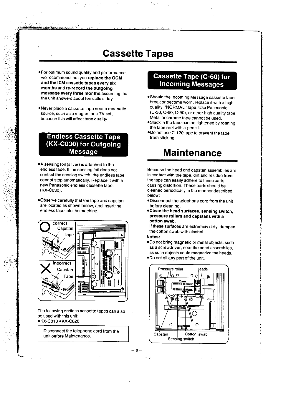 Cassette tape (c-60) for incoming messages, Cassette tapes, Maintenance | Panasonic KXT1418 User Manual | Page 7 / 9